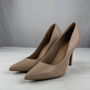 Christian Siriano Taupe Pointed-Toe Faux Leather High Heel Pumps